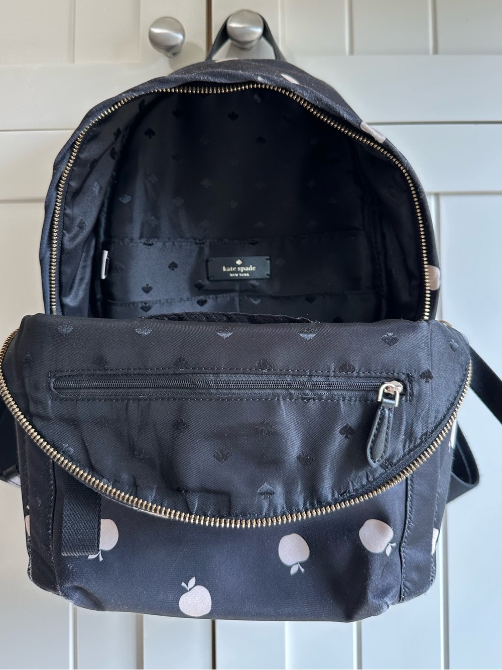 kate spade chelsea black and white apple print nylon backpack - Picture 8 of 15